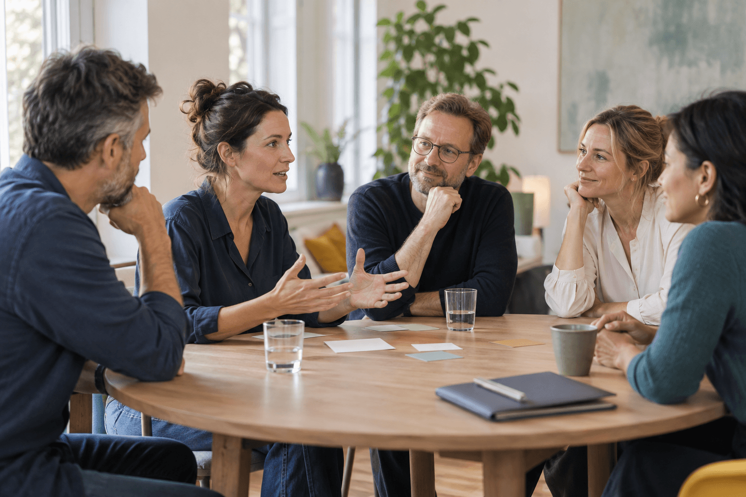 Fünf Personen tauschen sich an einem Tisch über ihre Zusammenarbeit aus.